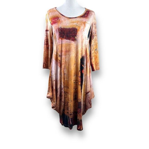 Ubu bamboo art print fitted dress Lg side wings and 3/4 sleeves earthtones bambo - Picture 3 of 14